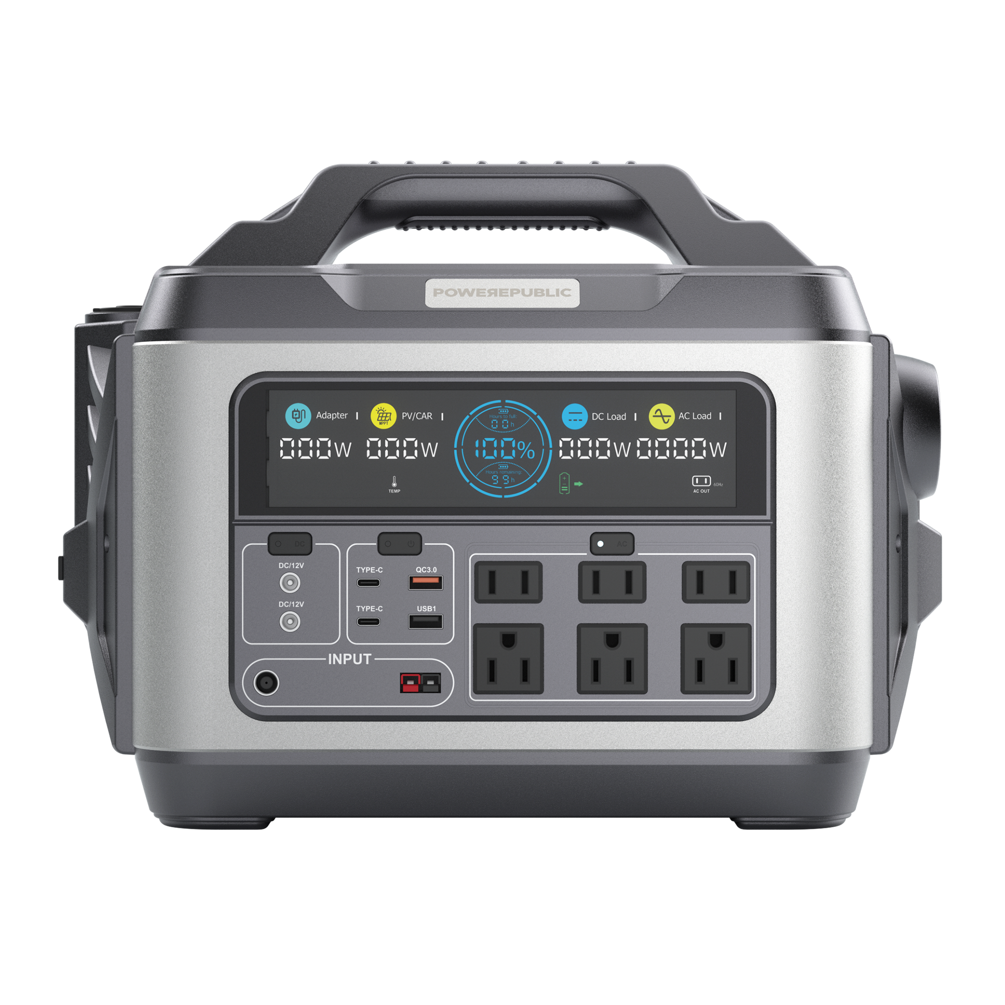 POWEREPUBLIC T1200 portable power station, 1200W 1110Wh, metallic gray aluminum-alloy body with turbine-engine and aircraft wing design, a handle, an LCD screen, and input and output ports.