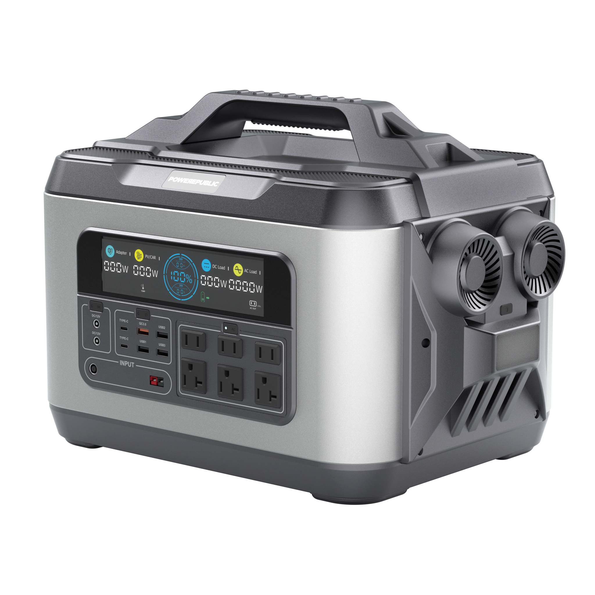 POWEREPUBLIC T2200 portable power station, 2200W 2240Wh, metallic gray aluminum-alloy body with turbine-engine design, an LED Light, a handle, an LCD screen, and input and output ports.