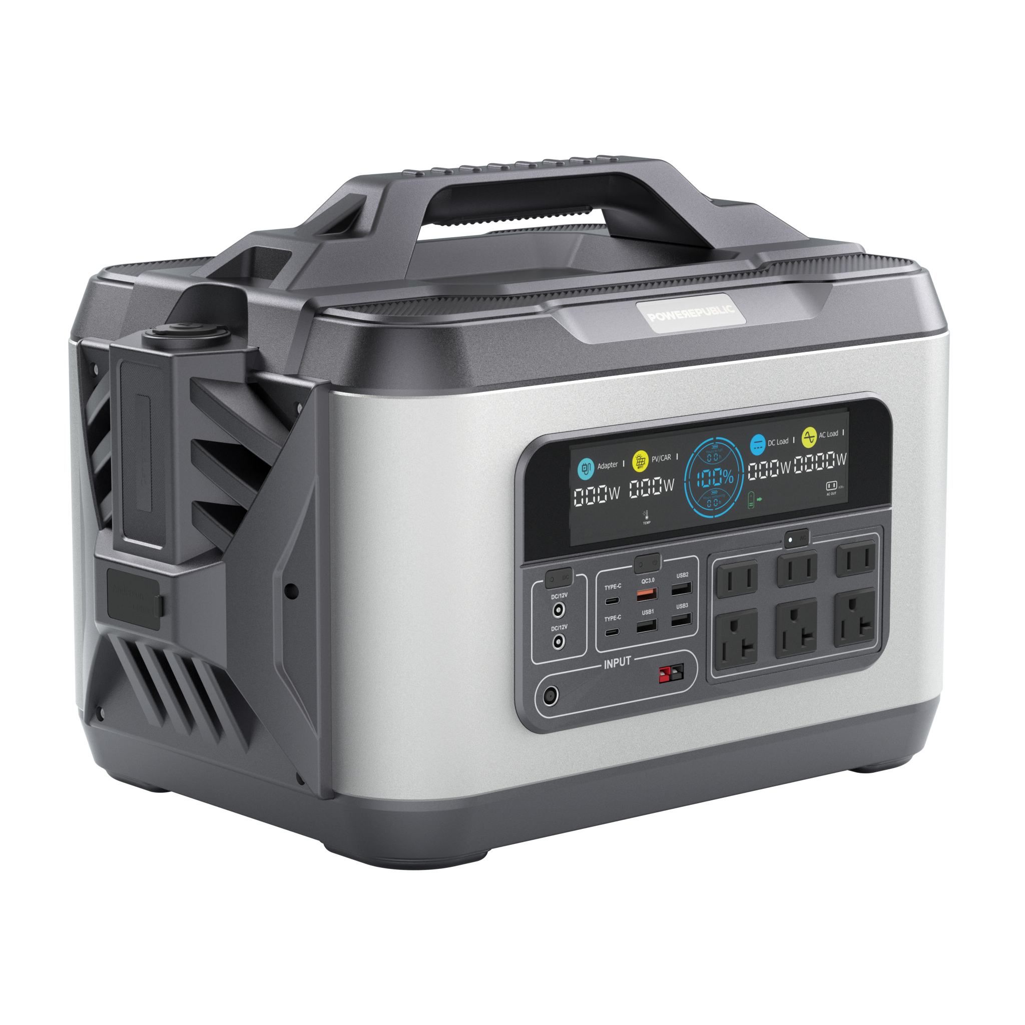 POWEREPUBLIC T2200 portable power station, 2200W 2240Wh, metallic gray aluminum-alloy body with aircraft wing design, a handle, an LCD screen, and input and output ports.