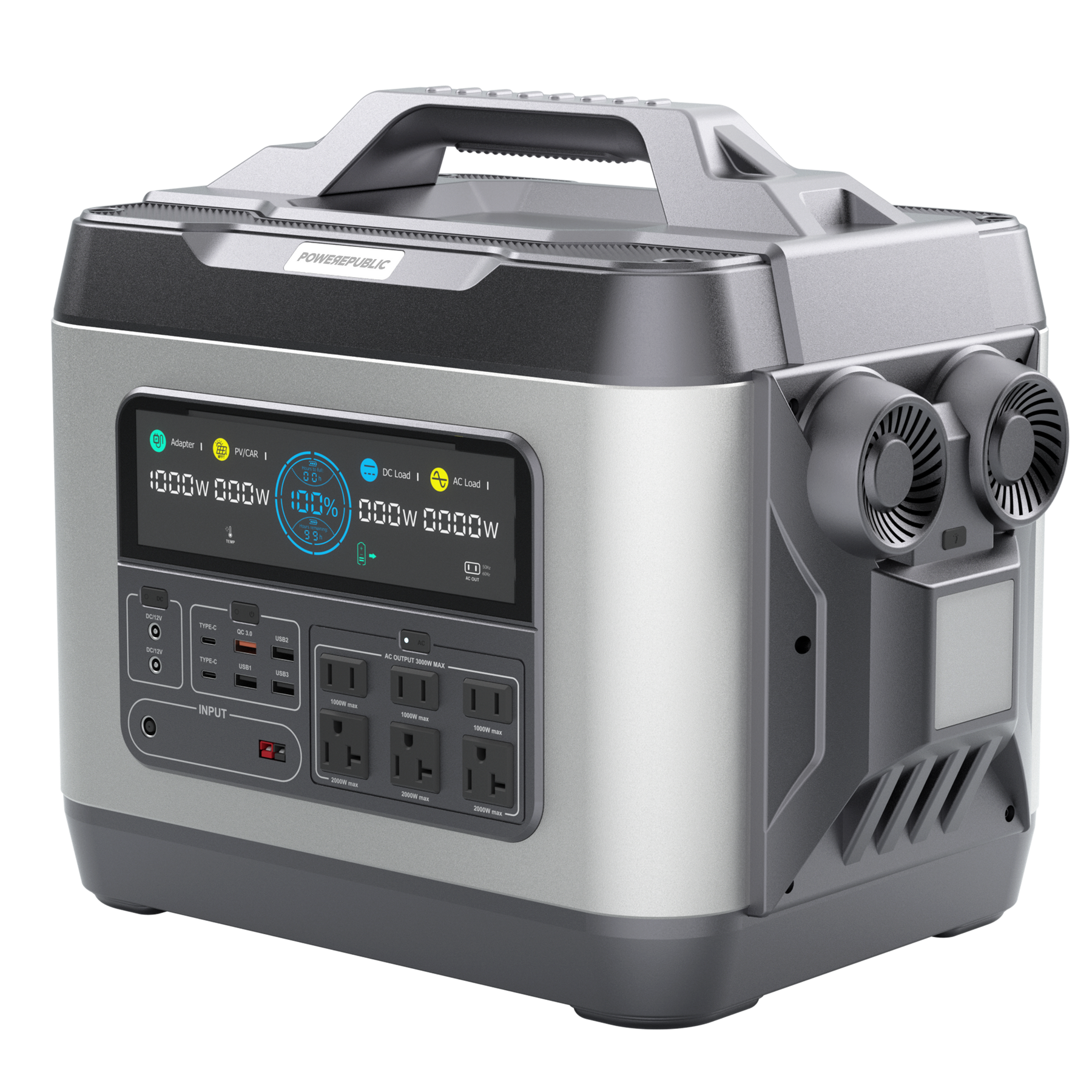 POWEREPUBLIC T3000 portable power station, 3000W 3200Wh, metallic gray aluminum-alloy body with turbine-engine design, an LED Light, a handle, an LCD screen, and input and output ports.