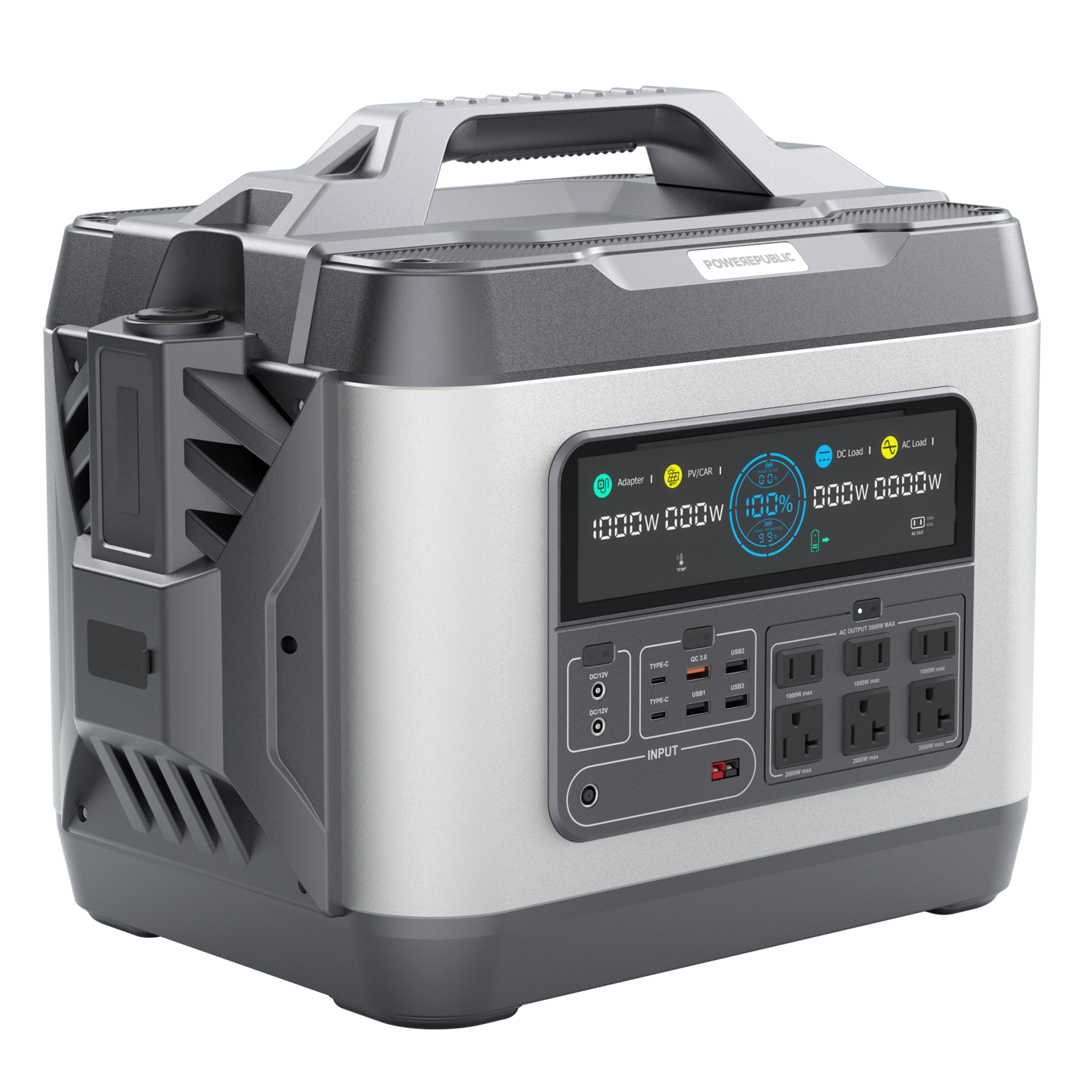 POWEREPUBLIC T3000 portable power station, 3000W 3200Wh, metallic gray aluminum-alloy body with aircraft wing design, a handle, an LCD screen, and input and output ports.