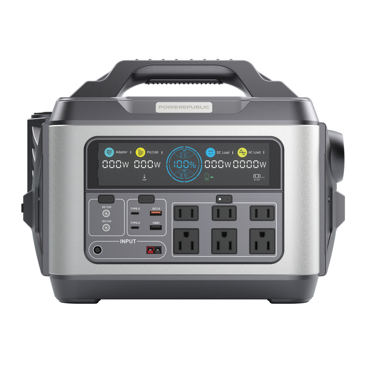 POWEREPUBLIC T1200 portable power station, 1200W 1110Wh, metallic gray aluminum-alloy body with turbine-engine and aircraft wing design, a handle, an LCD screen, and input and output ports.