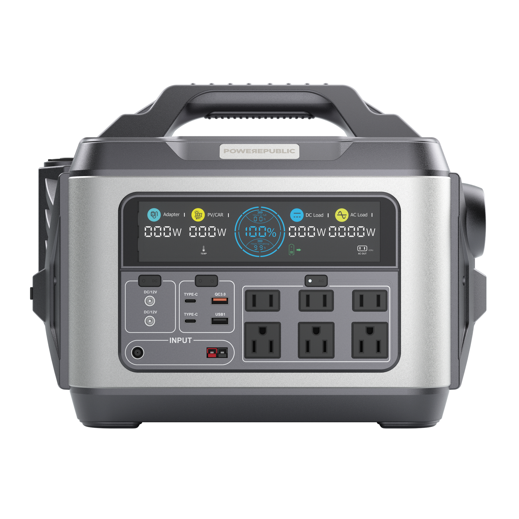 POWEREPUBLIC T1200 portable power station, 1200W 1110Wh, metallic gray aluminum-alloy body with turbine-engine and aircraft wing design, a handle, an LCD screen, and input and output ports.
