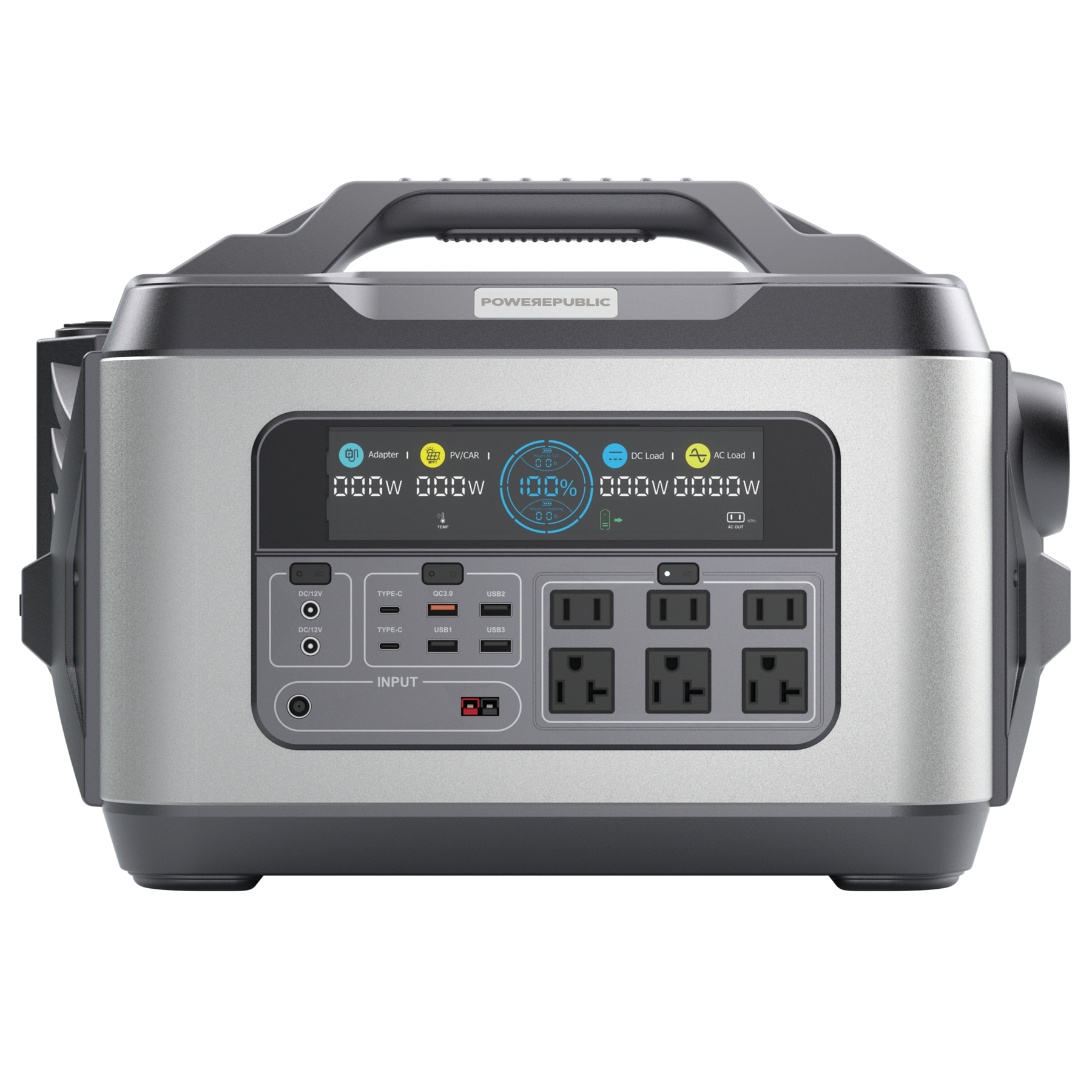 POWEREPUBLIC T2200 portable power station, 2200W 2240Wh, metallic gray aluminum-alloy body with turbine-engine and aircraft wing design, a handle, an LCD screen, and input and output ports.