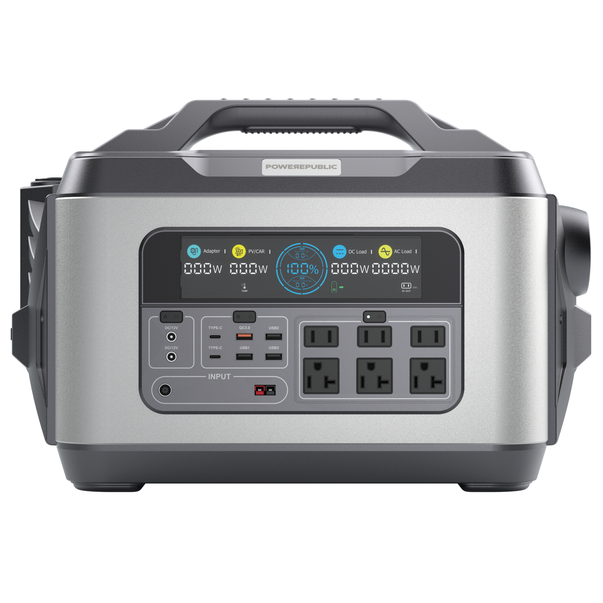 POWEREPUBLIC T2200 portable power station, 2200W 2240Wh, metallic gray aluminum-alloy body with turbine-engine and aircraft wing design, a handle, an LCD screen, and input and output ports.