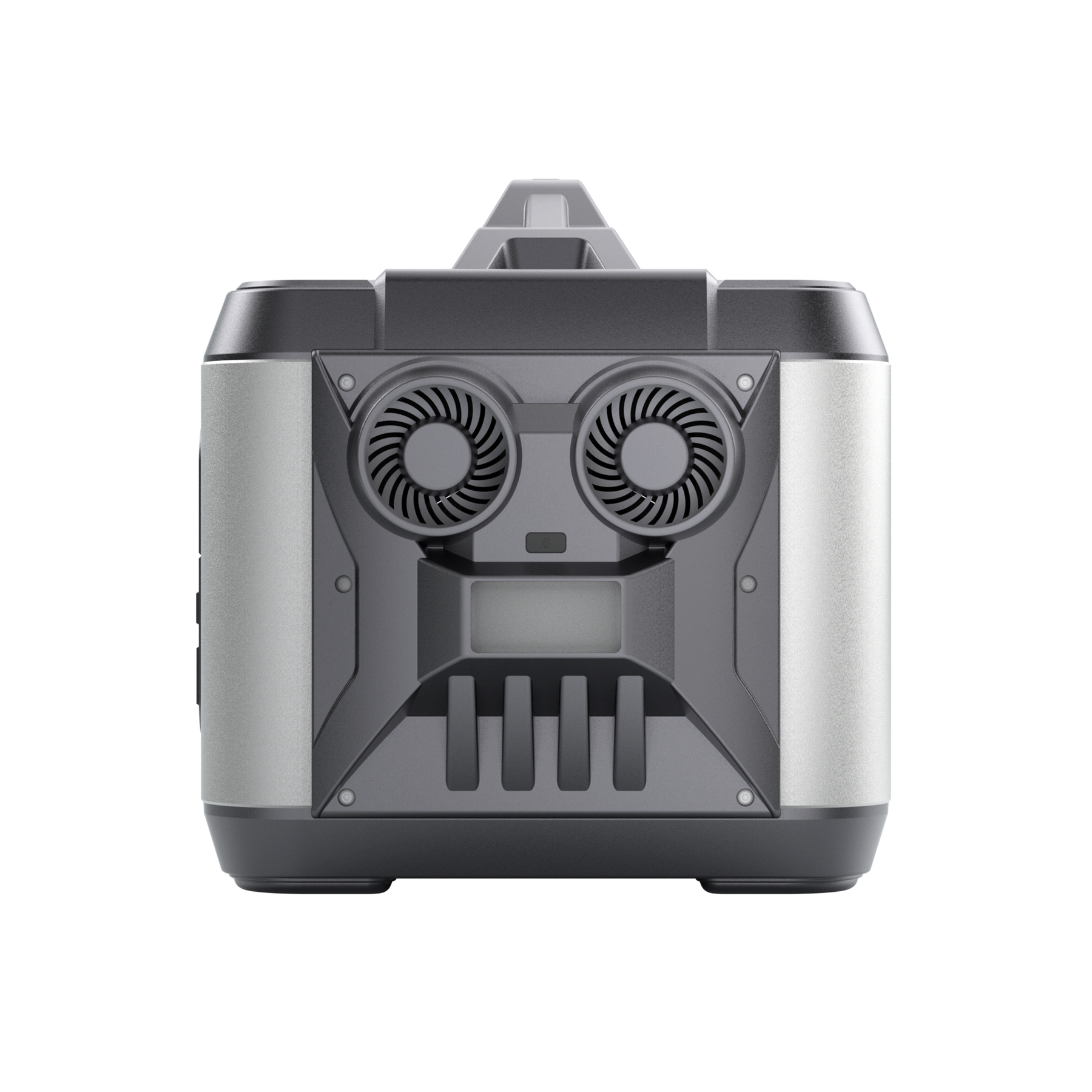 POWEREPUBLIC T2200 portable power station, 2200W 2240Wh, metallic gray aluminum-alloy body with turbine-engine design, an LED light, and a handle.