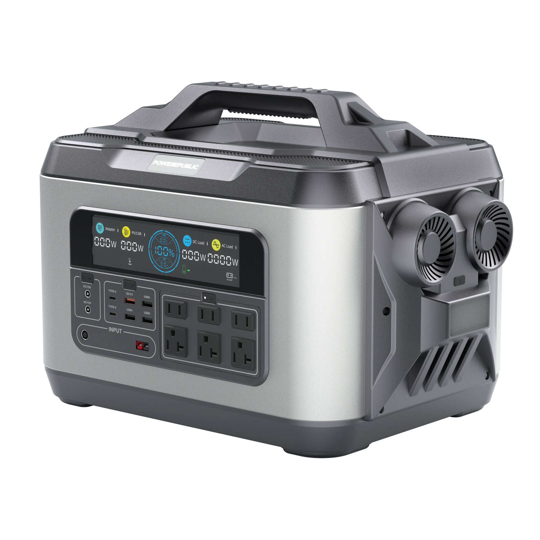 POWEREPUBLIC T2200 portable power station, 2200W 2240Wh, metallic gray aluminum-alloy body with turbine-engine design, an LED Light, a handle, an LCD screen, and input and output ports.