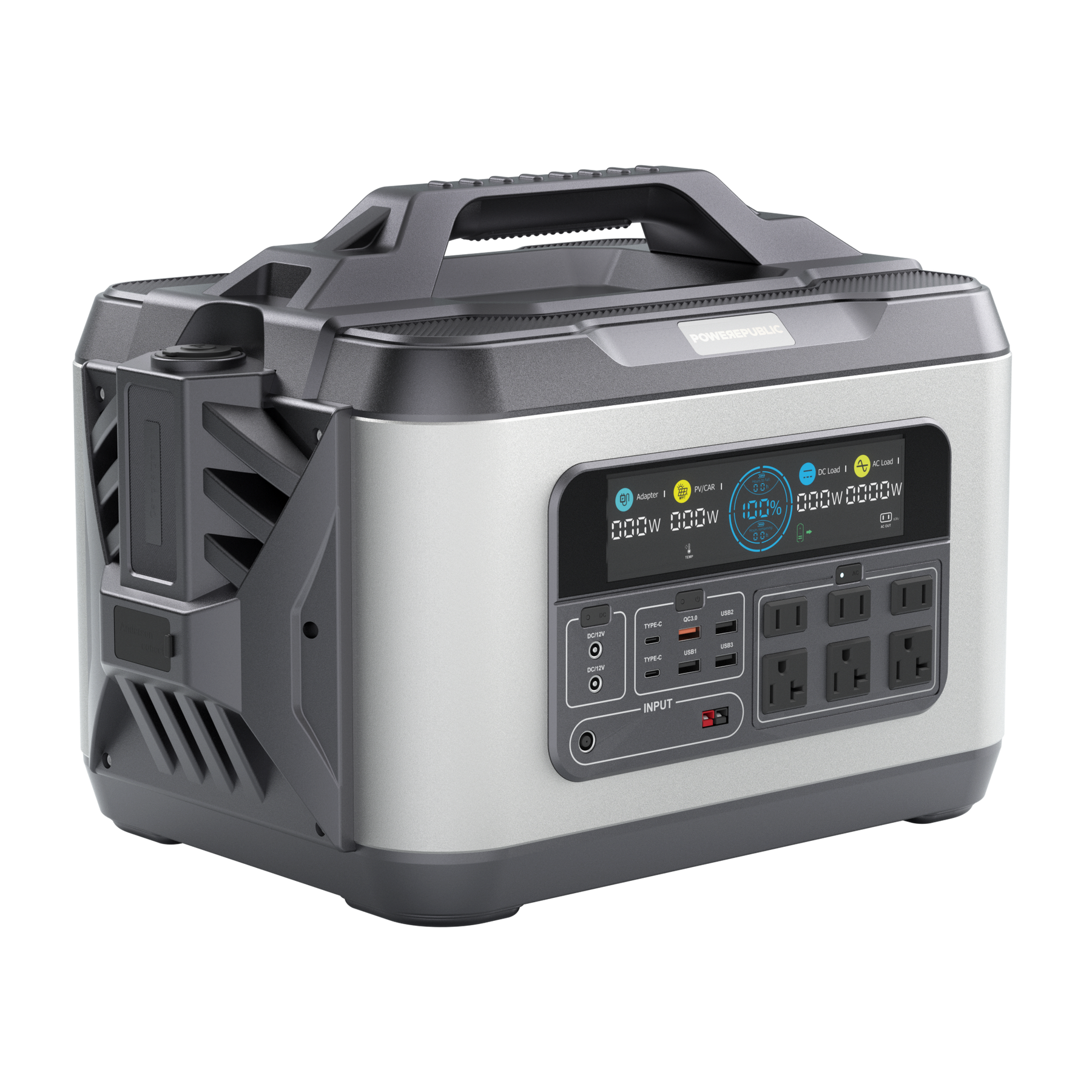 POWEREPUBLIC T2200 portable power station, 2200W 2240Wh, metallic gray aluminum-alloy body with aircraft wing design, a handle, an LCD screen, and input and output ports.