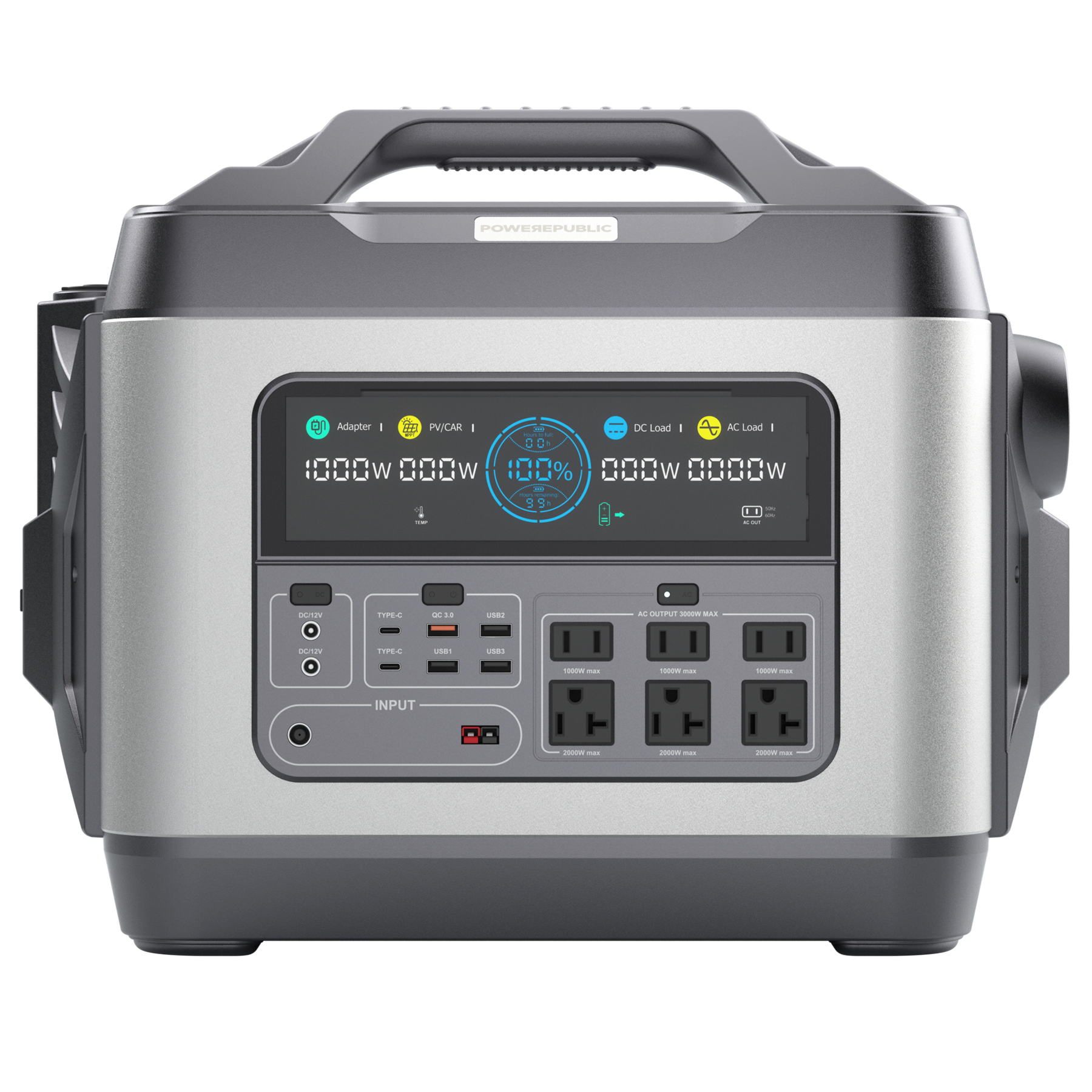 POWEREPUBLIC T3000 portable power station, 3000W 3200Wh, metallic gray aluminum-alloy body with turbine-engine and aircraft wing design, a handle, an LCD screen, and input and output ports.