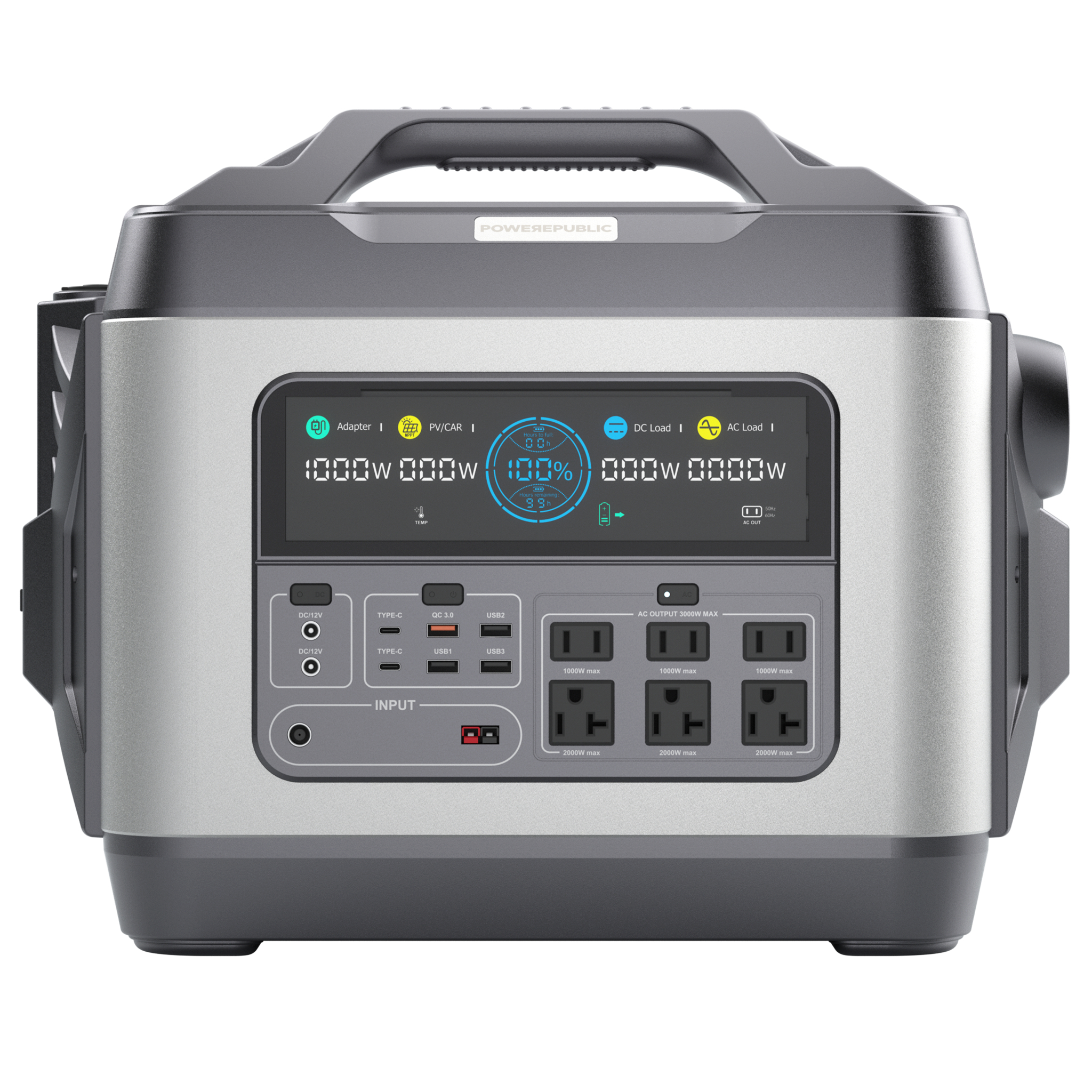 POWEREPUBLIC T3000 portable power station, 3000W 3200Wh, metallic gray aluminum-alloy body with turbine-engine and aircraft wing design, a handle, an LCD screen, and input and output ports.
