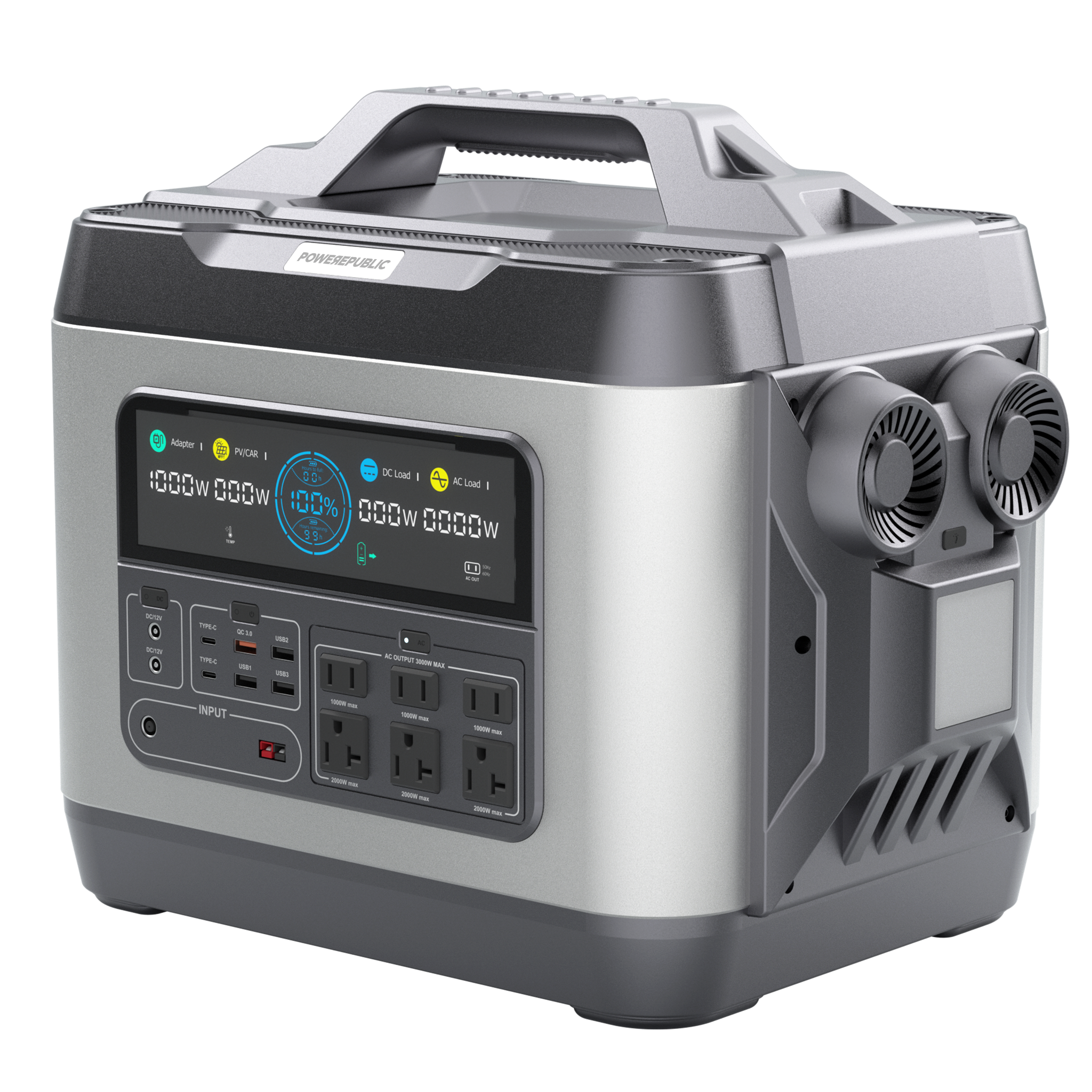 POWEREPUBLIC T3000 portable power station, 3000W 3200Wh, metallic gray aluminum-alloy body with turbine-engine design, an LED Light, a handle, an LCD screen, and input and output ports.