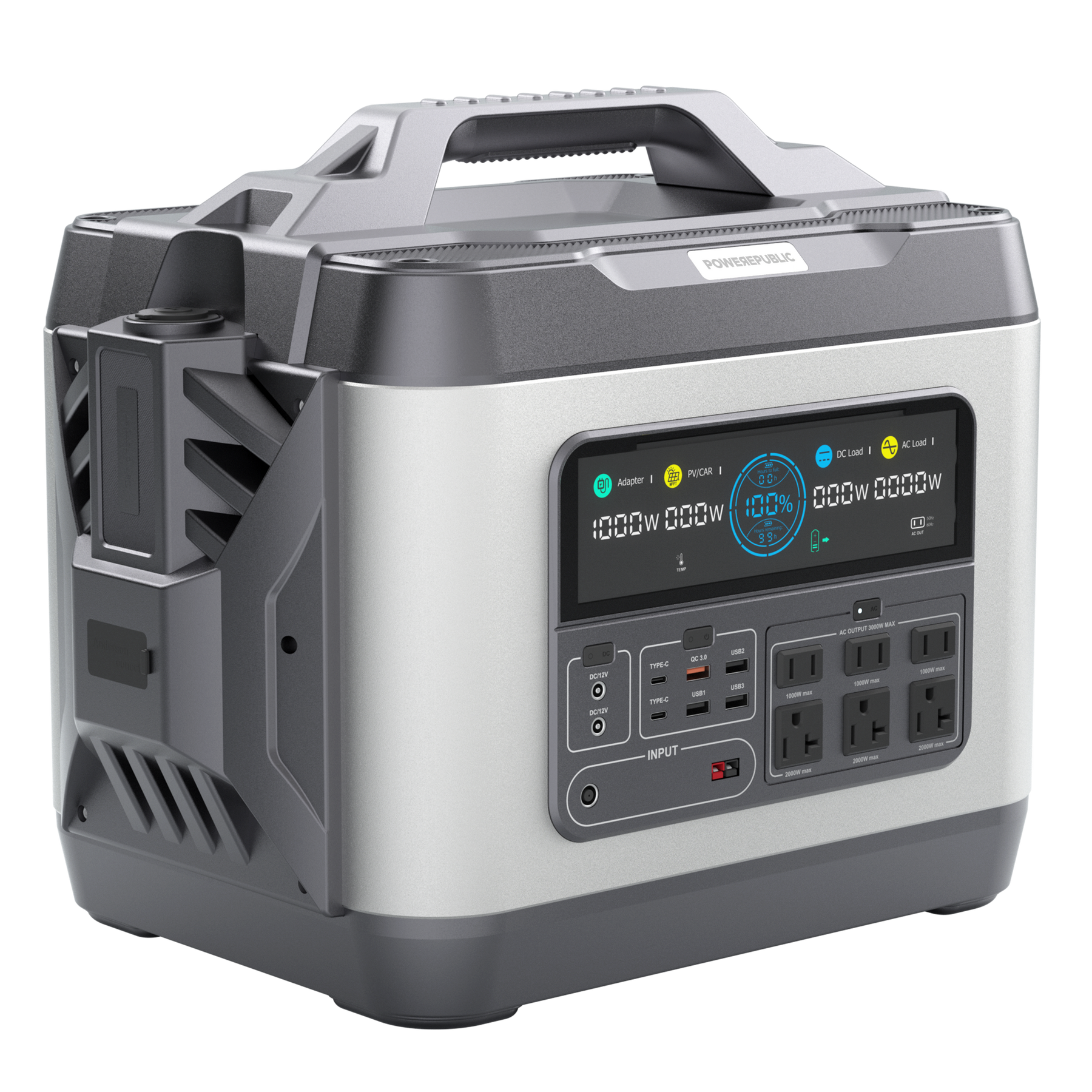 POWEREPUBLIC T3000 portable power station, 3000W 3200Wh, metallic gray aluminum-alloy body with aircraft wing design, a handle, an LCD screen, and input and output ports.