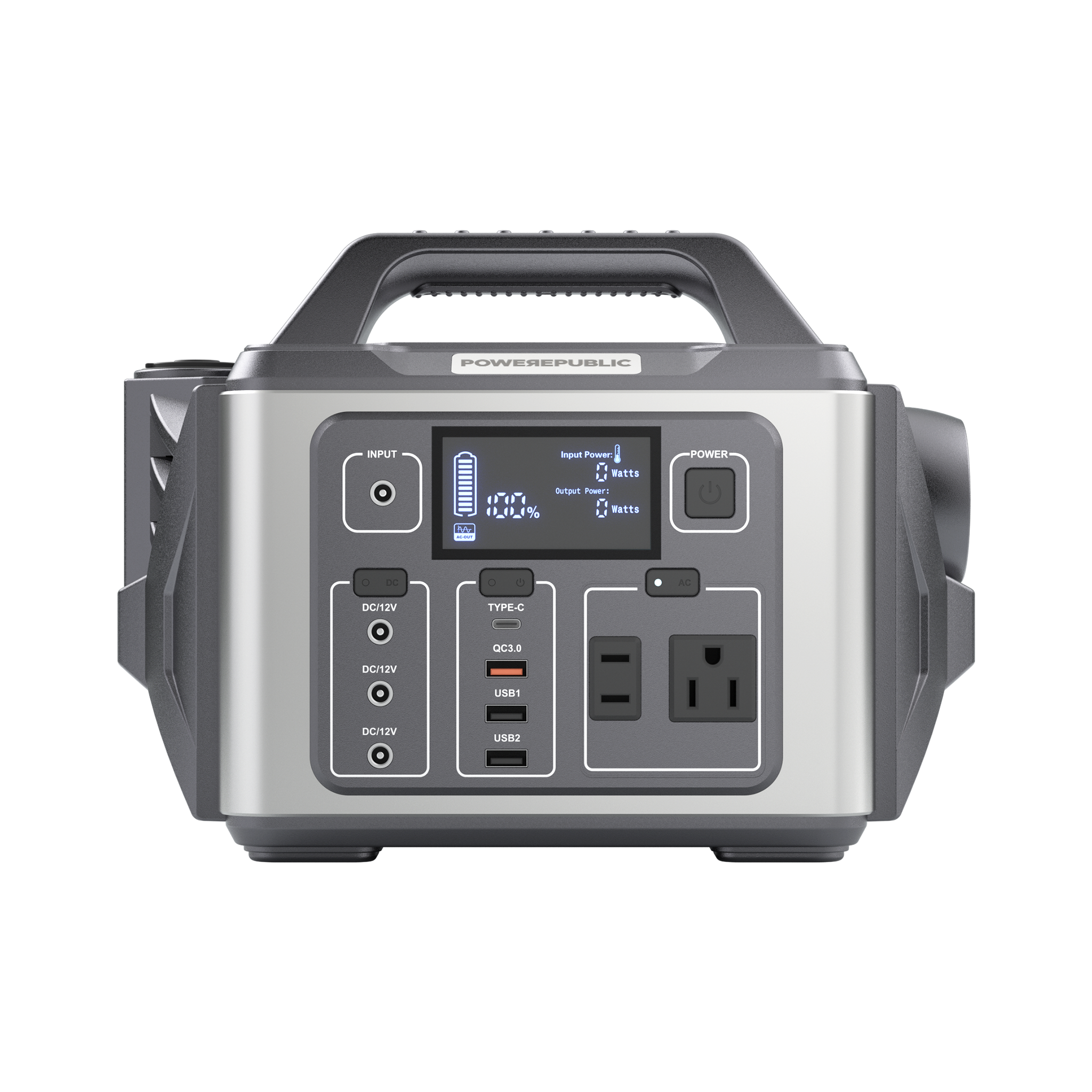 POWEREPUBLIC T306 portable power station, 300W 296Wh, metallic gray body with turbine-engine and aircraft wing design, a handle, an LCD screen, and input and output ports.