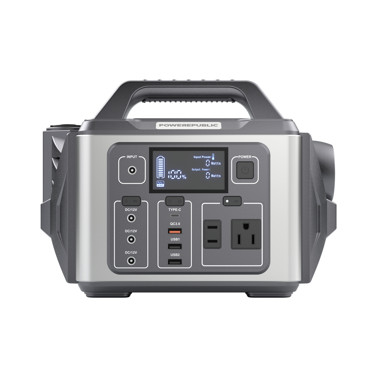 POWEREPUBLIC T306 portable power station, 300W 296Wh, metallic gray body with turbine-engine and aircraft wing design, a handle, an LCD screen, and input and output ports.