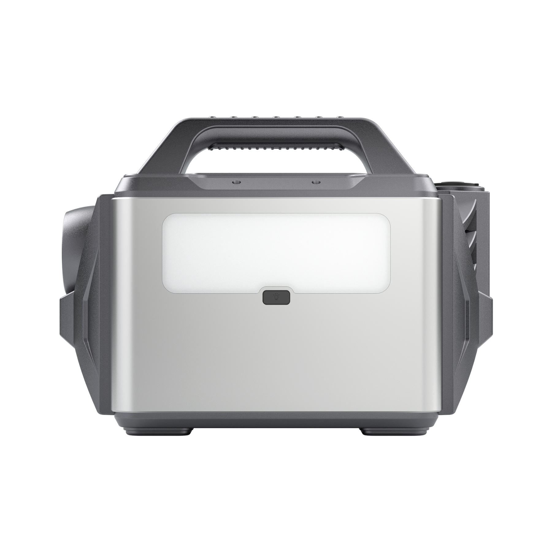 POWEREPUBLIC T306 portable power station, 300W 296Wh, metallic gray body with turbine-engine and aircraft wing design, a handle, and an LED light.