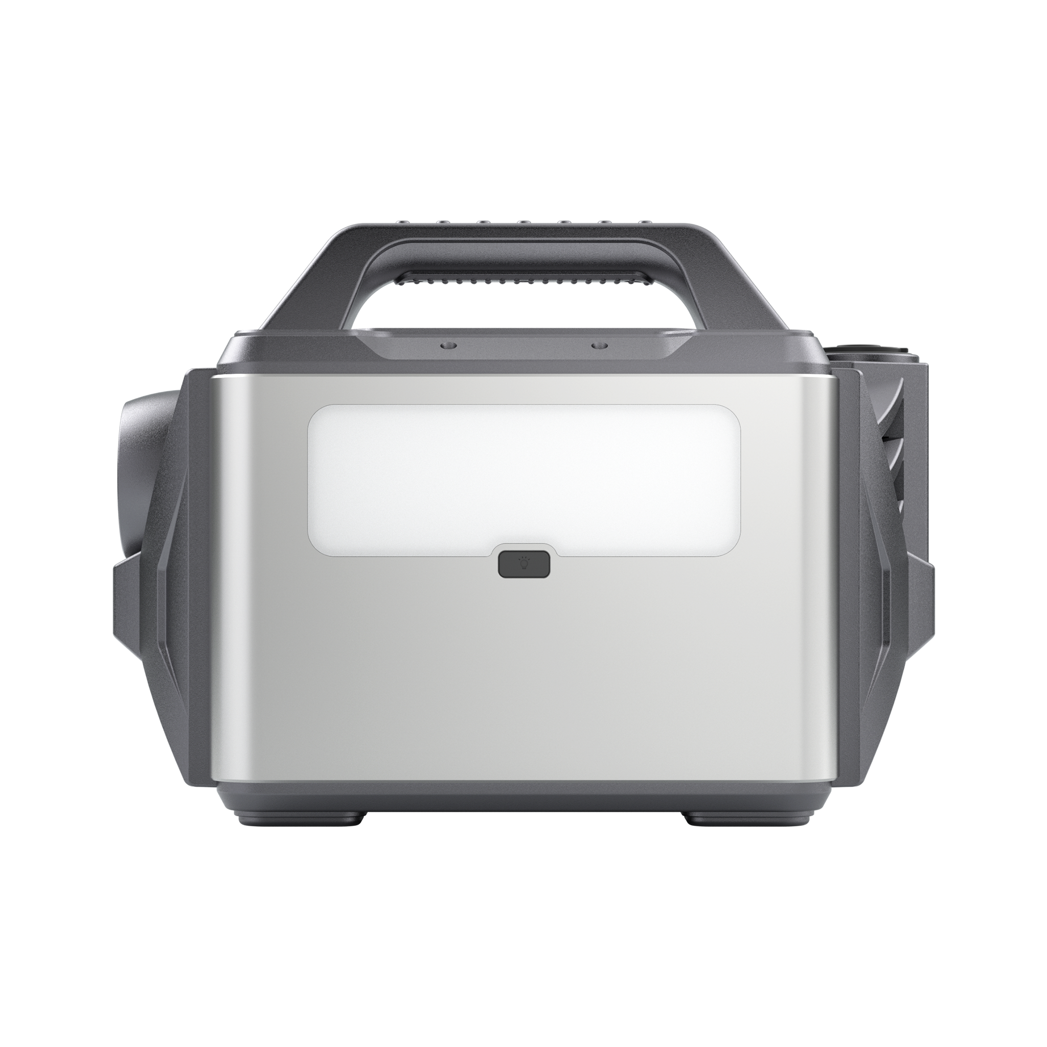 POWEREPUBLIC T306 portable power station, 300W 296Wh, metallic gray body with turbine-engine and aircraft wing design, a handle, and an LED light.