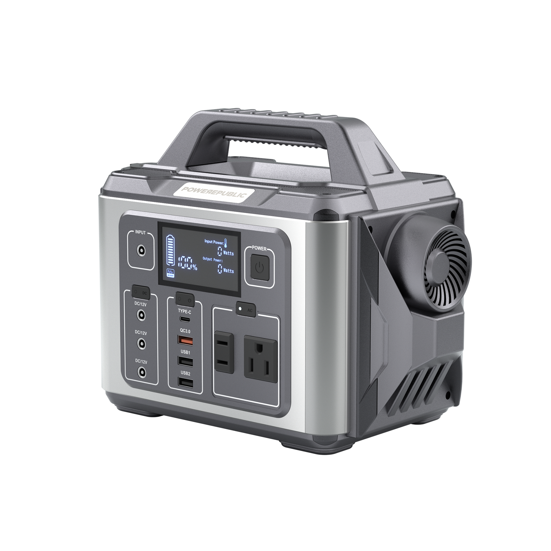 POWEREPUBLIC T306 portable power station, 300W 296Wh, metallic gray body with turbine-engine design, a handle, an LCD screen, and input and output ports.