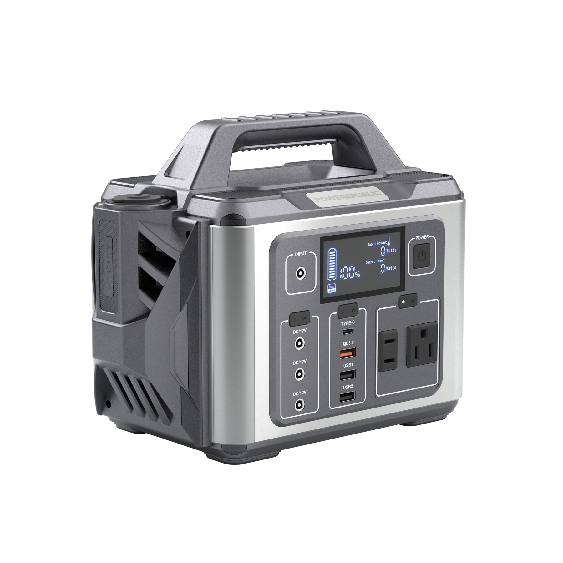 POWEREPUBLIC T306 portable power station, 300W 296Wh, metallic gray body with aircraft wing design, a handle, an LCD screen, and input and output ports.